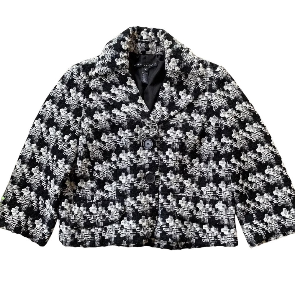 Robert Rodriguez Wool Tweed Cropped Buttoned Swing Coat Jacket Black Ivory Sz 4